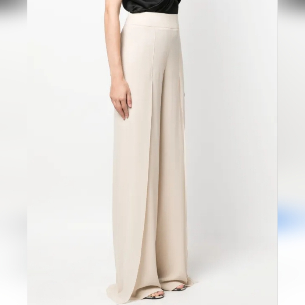 AKRIS Cream Side Slit Layered Silk High Waist Flowey Pants - Picture 2 of 16